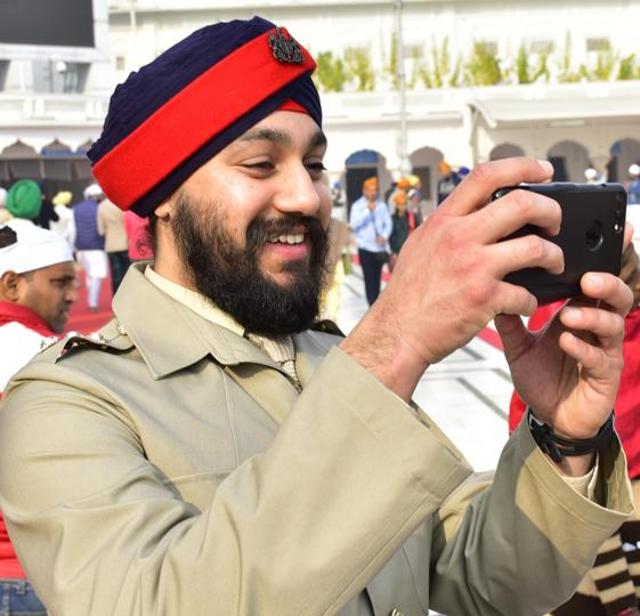 Captain Jagjit Singh Sohal taking a photo during the delegation’s visit to Amritsar on Wednesday. (Sameer Sehgal) Captain Jagjit Singh Sohal taking a photo during the delegation’s visit to Amritsar on Wednesday. (Sameer Sehgal)