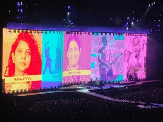 U2 pays tribute to Smriti Irani during their live performance in Mumbai. U2 pays tribute to Smriti Irani during their live performance in Mumbai.