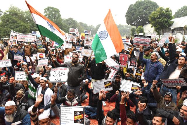 Residents protesting against the Citizenship (Amendment) Act outside Jama Masjid in Sector 20, Chandigarh, on Thursday. (Sanjeev Sharma/HT) Residents protesting against the Citizenship (Amendment) Act outside Jama Masjid in Sector 20, Chandigarh, on Thursday. (Sanjeev Sharma/HT)