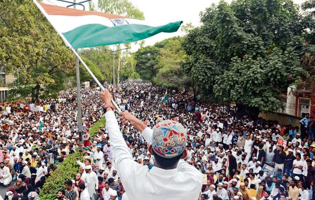 People participate in a protest against CAA on Friday. A rally was taken from Babajan dargah to Pune collector’s office. (Shankar Narayan/HT PHOTO)