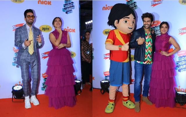 Ayushmann Khurrana, Bhumi Pednekar and Kartik Aaryan at the red carpet. (Varinder Chawla)