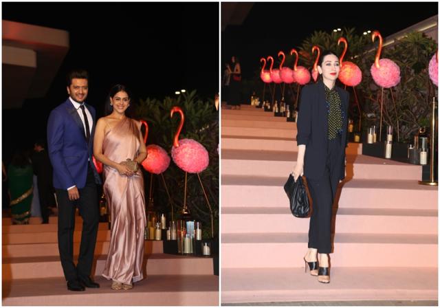 Reteish Deshmukh with wife Genelia and Karisma Kapoor at the party. Reteish Deshmukh with wife Genelia and Karisma Kapoor at the party.