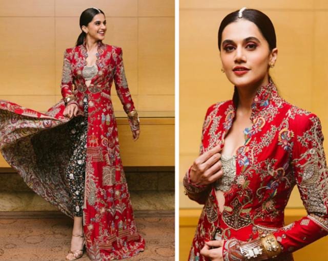 For the Vogue Women of the Year Awards of Saturday night, Taapsee wore a gorgeous Anamika Khanna piece. The heavily embroidered red jacket was paired with a embroidered gold bustier and heavily embroidered black pants. Apart from the beautiful accessories by Azotique, we loved the red tones on Taapsee’s eyes and the pearls in her hair in place of a mathapatti. (INSTAGRAM) For the Vogue Women of the Year Awards of Saturday night, Taapsee wore a gorgeous Anamika Khanna piece. The heavily embroidered red jacket was paired with a embroidered gold bustier and heavily embroidered black pants. Apart from the beautiful accessories by Azotique, we loved the red tones on Taapsee’s eyes and the pearls in her hair in place of a mathapatti. (INSTAGRAM)