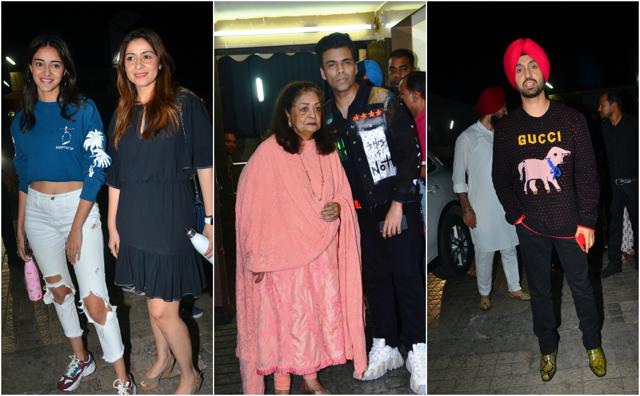 Ananya Panday and Bhavana Pandey, Karan Johar and Hiroo Johar, and Diljit Dosanjh at Good Newwz screening. (Varinder Chawla) Ananya Panday and Bhavana Pandey, Karan Johar and Hiroo Johar, and Diljit Dosanjh at Good Newwz screening. (Varinder Chawla)