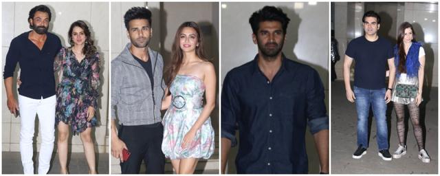 Bobby Deol with wife, Pulkit Samrat and Kriti Kharbanda, Aditya Roy Kapur, Arbaaz Khan with girlfriend Giorgia Andriani at the bash. Bobby Deol with wife, Pulkit Samrat and Kriti Kharbanda, Aditya Roy Kapur, Arbaaz Khan with girlfriend Giorgia Andriani at the bash.