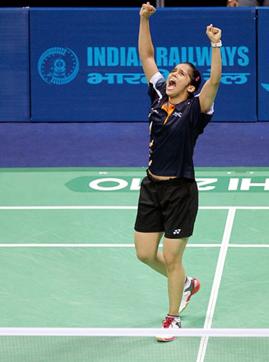 Saina celebrates after her win in the final (Reuters)