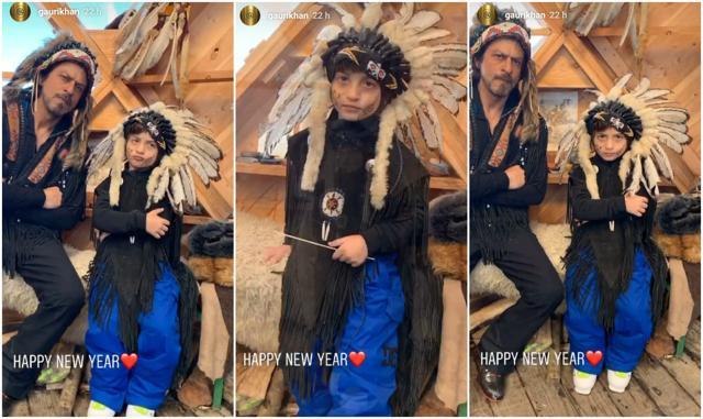 Shah Rukh Khan and AbRam were seen wearing Native American headgear. Shah Rukh Khan and AbRam were seen wearing Native American headgear.