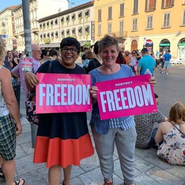 (From left) Chefs Ritu Dalmia and Viviana Varese at a pride march. (From left) Chefs Ritu Dalmia and Viviana Varese at a pride march.