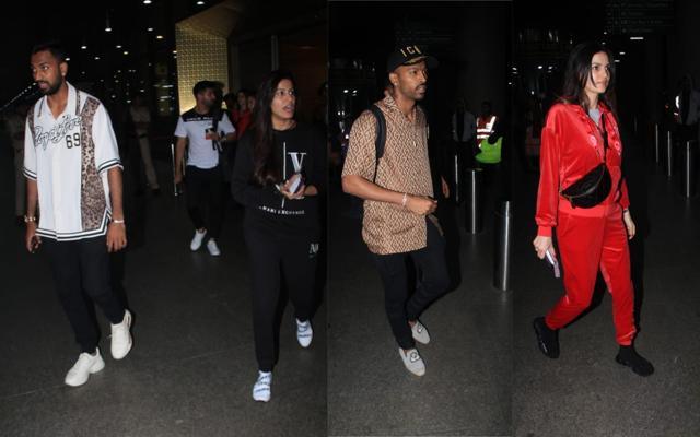 Krunal Pandya and his wife Pankhuri Sharma, Hardik Pandya and Natasa Stankovic at Mumbai airport. (Varinder Chawla)