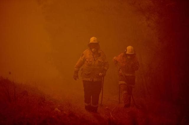 Firefighters in thick smoke in the town of Moruya, south of Batemans Bay, in New South Wales on Saturday. Up to 3,000 military reservists were called up to tackle Australia’s relentless bushfire crisis, as tens of thousands of residents fled their homes amid catastrophic conditions. (AFP Photo) Firefighters in thick smoke in the town of Moruya, south of Batemans Bay, in New South Wales on Saturday. Up to 3,000 military reservists were called up to tackle Australia’s relentless bushfire crisis, as tens of thousands of residents fled their homes amid catastrophic conditions. (AFP Photo)