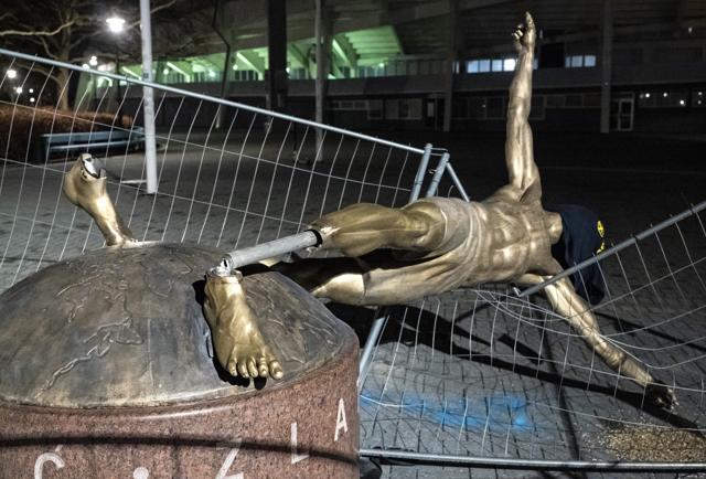 The damaged statue of soccer player Zlatan Ibrahimovic next to Stadion football arena in Malmo. (AP) The damaged statue of soccer player Zlatan Ibrahimovic next to Stadion football arena in Malmo. (AP)