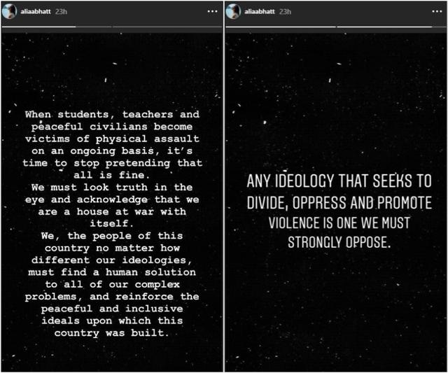 Messages shared by Alia Bhatt on her Instagram stories. Messages shared by Alia Bhatt on her Instagram stories.