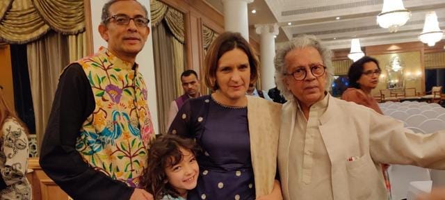 Abhijit Banerjee and Esther Duflo with their daughter, and writer Anil Dharker. Abhijit Banerjee and Esther Duflo with their daughter, and writer Anil Dharker.