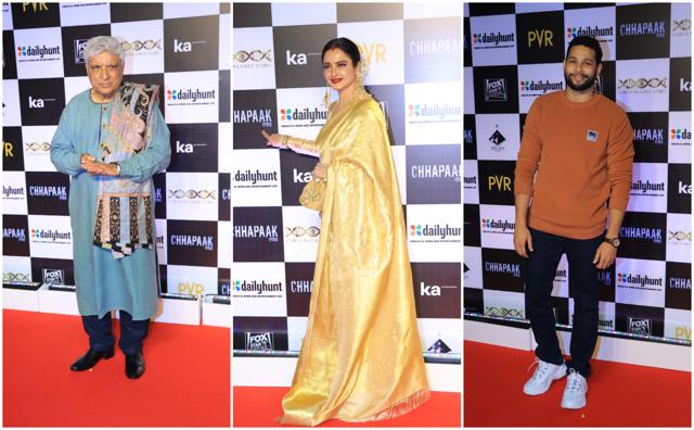 Javed Akhtar, Rekha and Siddhant Chaturvedi at Chhapaak screening. (Varinder Chawla) Javed Akhtar, Rekha and Siddhant Chaturvedi at Chhapaak screening. (Varinder Chawla)