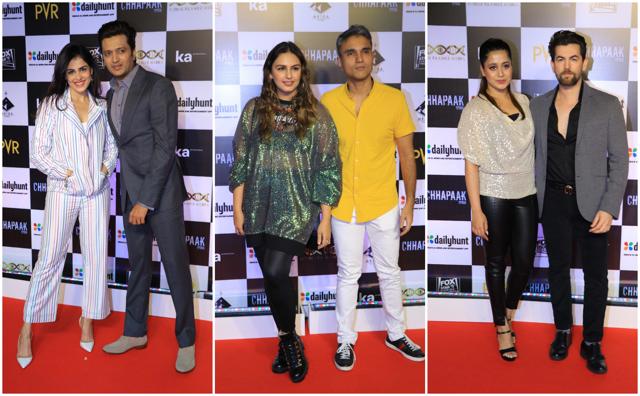 Riteish Deshmukh with wife Genelia D’Souza, Huma Qureshi with boyfriend Mudassar Aziz, Neil Nitin Mukesh with wife Rukmini Sahay at Chhapaak screening. (Varinder Chawla) Riteish Deshmukh with wife Genelia D’Souza, Huma Qureshi with boyfriend Mudassar Aziz, Neil Nitin Mukesh with wife Rukmini Sahay at Chhapaak screening. (Varinder Chawla)