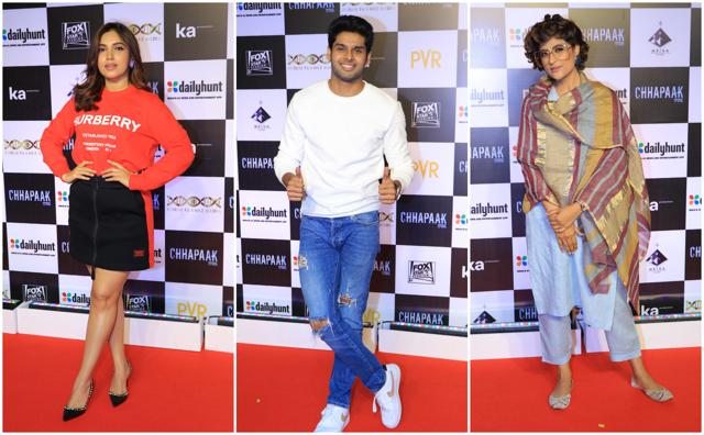 Bhumi Pednekar, Abhimanyu Dassani and Tahira Kashyap at Chhapaak screening. (Varinder Chawla) Bhumi Pednekar, Abhimanyu Dassani and Tahira Kashyap at Chhapaak screening. (Varinder Chawla)