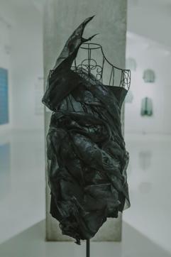 A dress that was first created as an artwork and then into apparel for Est Form. “Here, the way movement is experienced becomes important when a piece of art, that usually lives on a wall, can come off and interact with a moving body and in a communal space.” says artist Sohni Patel. (Est Form )