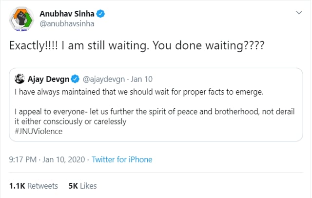 Anubhav Sinha responded to Ajay Devgn’s comments on the JNU violence