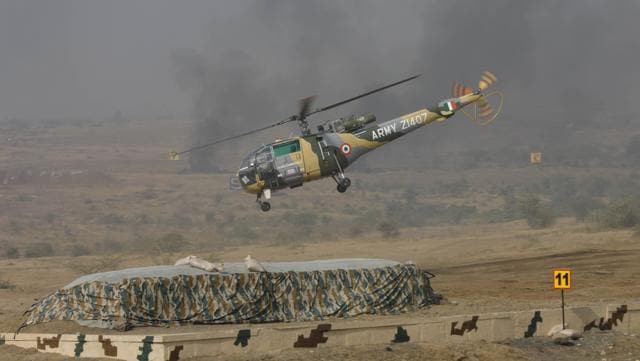 Attack and utility helicopters were displayed at the KK Ranges in Ahmednagar on Monday. (Rahul Raut/HT PHOTO)