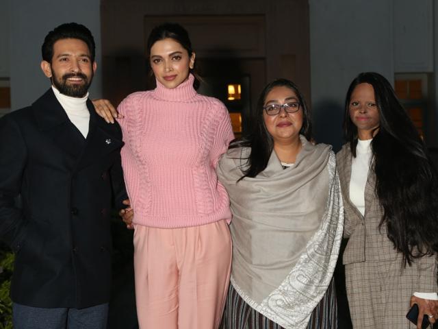 Meghna Gulzar and actors Vikrant Massey and Deepika Padukone with acid attack survivor Laxmi Agarwal at a press conference during the promotions of their upcoming film Chhapaak. (IANS) Meghna Gulzar and actors Vikrant Massey and Deepika Padukone with acid attack survivor Laxmi Agarwal at a press conference during the promotions of their upcoming film Chhapaak. (IANS)