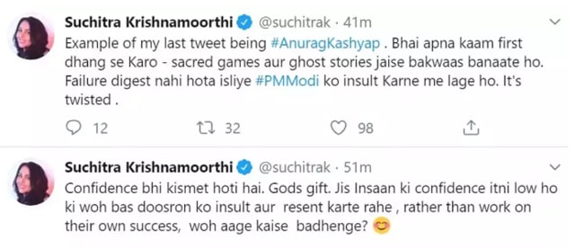 Suchitra Krishnamoorthi has now deleted the tweet mentioning Anurag Kashyap. Suchitra Krishnamoorthi has now deleted the tweet mentioning Anurag Kashyap.