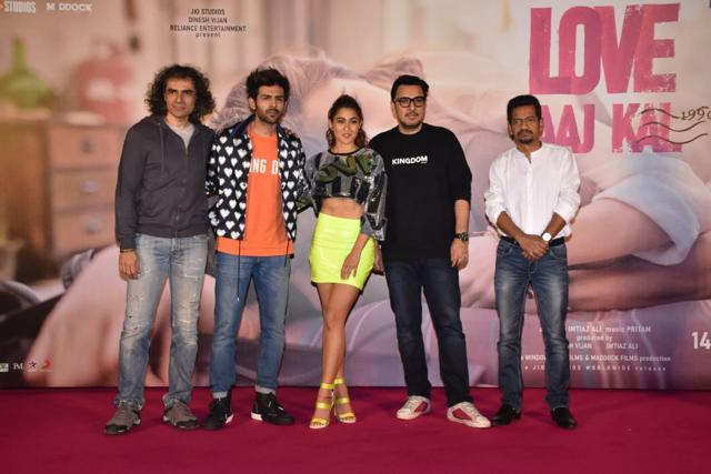 Imtiaz Ali, Kartik Aaryan, Sara Ali Khan, Dinesh Vijan at Love Aaj Kal trailer launch. (Varinder Chawla) Imtiaz Ali, Kartik Aaryan, Sara Ali Khan, Dinesh Vijan at Love Aaj Kal trailer launch. (Varinder Chawla)