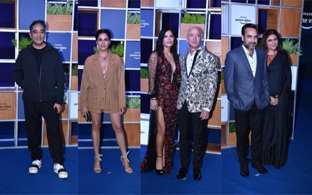 Kamal Haasan, Kirti Kulhari, Jeff Bezos with girlfriend, Pankaj Tripathi with wife Mridula at the event. (Varinder Chawla)