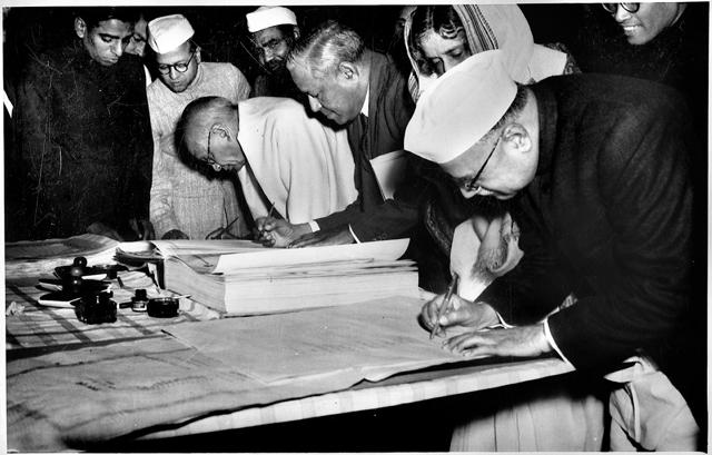 Right to Left: Jairamdas Daulatram, Rajkumari Amrit Kaur, Dr John Matthai, Sardar Patel, Jagjivan Ram signing the Constitution on the final day of the Constituent Assembly. (HT FILE PHOTO) Right to Left: Jairamdas Daulatram, Rajkumari Amrit Kaur, Dr John Matthai, Sardar Patel, Jagjivan Ram signing the Constitution on the final day of the Constituent Assembly. (HT FILE PHOTO)