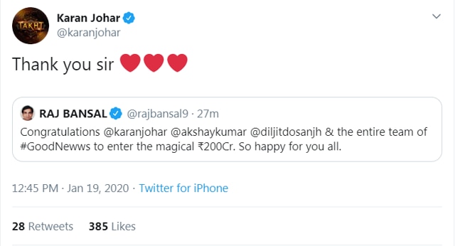 Karan Johar confirmed that Good Newwz has entered the Rs 200-crore club.