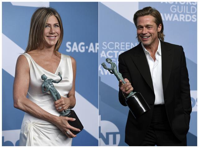 This combination photo shows Jennifer Aniston with the award for outstanding performance by a female actor in a drama series for The Morning Show and Brad Pitt with the award for outstanding performance by a male actor in a supporting role for Once Upon a Time in Hollywood. (Jordan Strauss/Invision/AP) This combination photo shows Jennifer Aniston with the award for outstanding performance by a female actor in a drama series for The Morning Show and Brad Pitt with the award for outstanding performance by a male actor in a supporting role for Once Upon a Time in Hollywood. (Jordan Strauss/Invision/AP)
