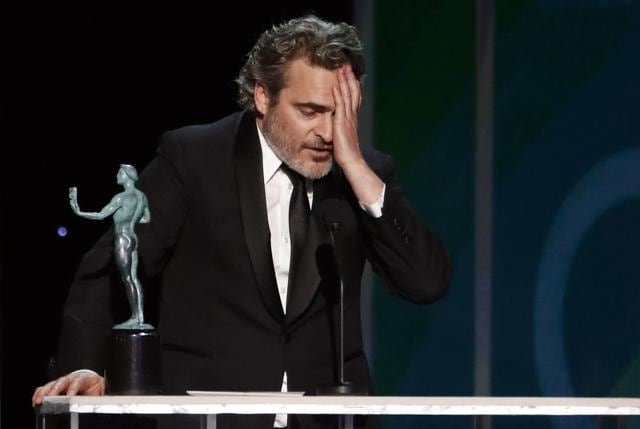 Joaquin Phoenix accepts the award for Outstanding Performance by a Male Actor in a Leading Role. (REUTERS) Joaquin Phoenix accepts the award for Outstanding Performance by a Male Actor in a Leading Role. (REUTERS)