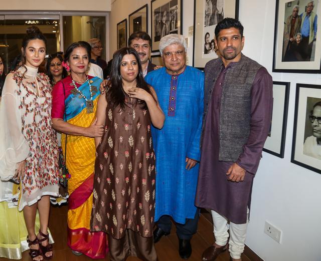 Bollywood lyricist Javed Akhtar (2nd R) with his family members-- actor Farhan Akhtar (R), Shabana Azmi (2nd L), Zoya Akhtar (C) at a special painting exhibition by Shibani Dandekar (L) to mark Akhtar’s 75th birthday, in Mumbai, Wednesday, January 15, 2020. (PTI) Bollywood lyricist Javed Akhtar (2nd R) with his family members-- actor Farhan Akhtar (R), Shabana Azmi (2nd L), Zoya Akhtar (C) at a special painting exhibition by Shibani Dandekar (L) to mark Akhtar’s 75th birthday, in Mumbai, Wednesday, January 15, 2020. (PTI)