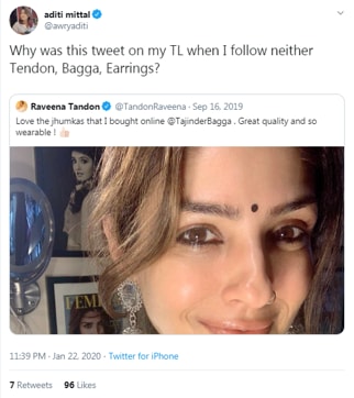 Raveena Tandon’s tweet seems to be a response to this tweet of Aditi Mittal’s.