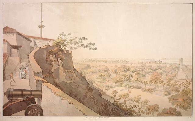 The Sion Fort stands at the edge of a rolling green expanse, in another James Wales work. (Image courtesy the SP Lohia Collection)