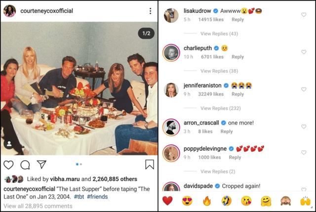 Friends cast members Lisa Kudrow and Jennifer Aniston also left comments on the post. Friends cast members Lisa Kudrow and Jennifer Aniston also left comments on the post.
