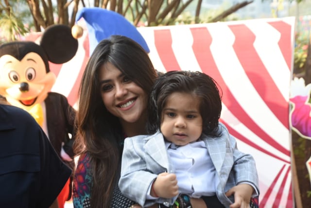 Ekta Kapoor posed for the paparazzi with her son Ravie. (Varinder Chawla)
