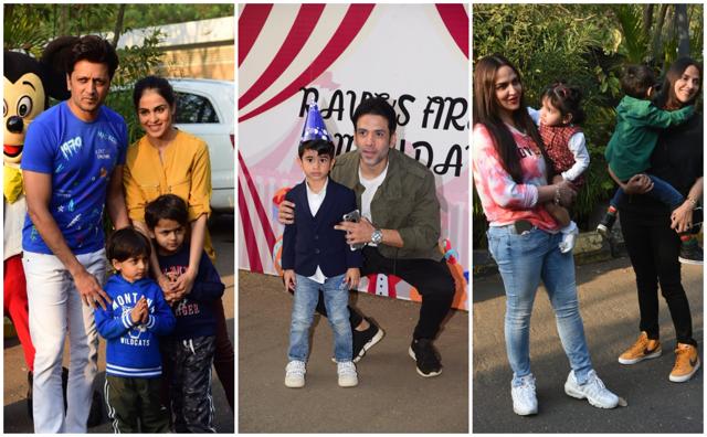 Riteish Deshmukh and Genelia D’Souza with their sons Rahyl and Riaan, Tusshar Kapoor with son Laksshya and Esha Deol and Ahana Deol with their kids, Radhya and Darien. (Varinder Chawla) Riteish Deshmukh and Genelia D’Souza with their sons Rahyl and Riaan, Tusshar Kapoor with son Laksshya and Esha Deol and Ahana Deol with their kids, Radhya and Darien. (Varinder Chawla)