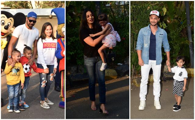 Shabbir Ahluwalia and Kanchi Kaul with sons Azai and Ivarr, Mahie Gill with daughter, and Aayush Sharma with son Ahil. (Varinder Chawla) Shabbir Ahluwalia and Kanchi Kaul with sons Azai and Ivarr, Mahie Gill with daughter, and Aayush Sharma with son Ahil. (Varinder Chawla)
