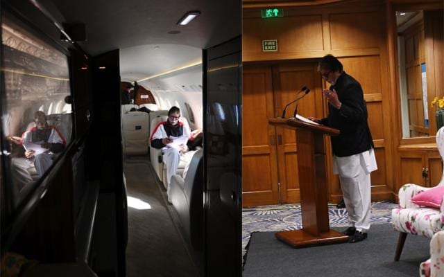 Amitabh Bachchan on way to a conference in Goa (left) and delivering a speech at the event (right). Amitabh Bachchan on way to a conference in Goa (left) and delivering a speech at the event (right).