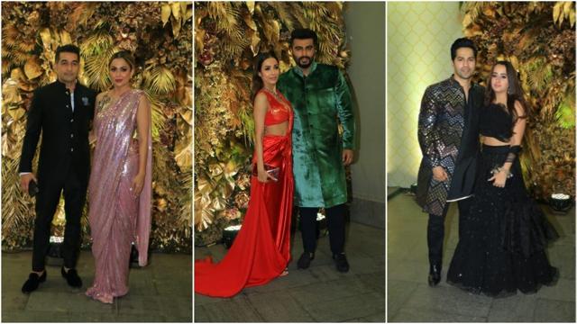 Amrita Arora with husband Shakeel Ladak, Arjun Kapoor with Malaika Arora and Varun Dhawan with Natasha Dalal. (Varinder Chawla) Amrita Arora with husband Shakeel Ladak, Arjun Kapoor with Malaika Arora and Varun Dhawan with Natasha Dalal. (Varinder Chawla)