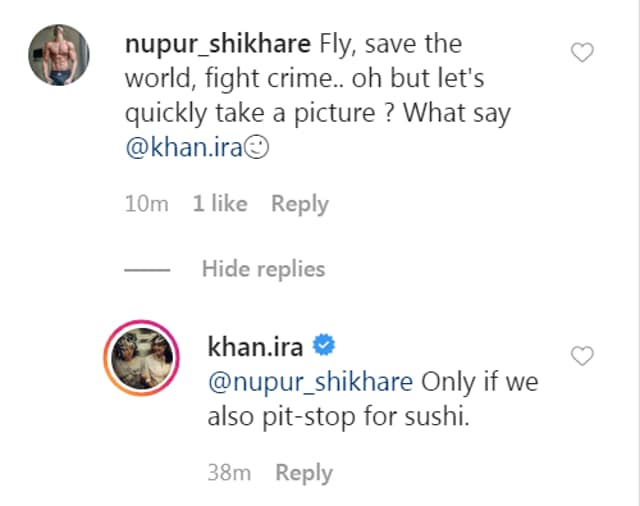 Nupur Shikhare and Ira Khan continued their banter in the comments section of the post.