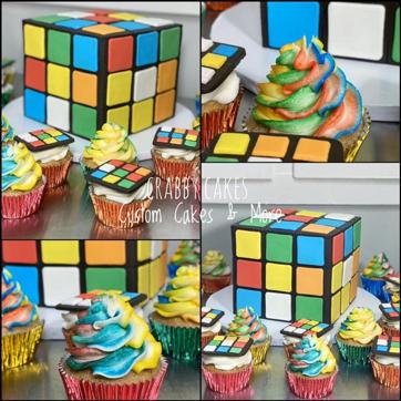 Rubix cube themed cake and cupcakes.