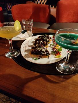 The MushMai Tai mushroom bruschetta flanked by the Porn-star martini (left) and Madame butterfly (right) cocktails The MushMai Tai mushroom bruschetta flanked by the Porn-star martini (left) and Madame butterfly (right) cocktails