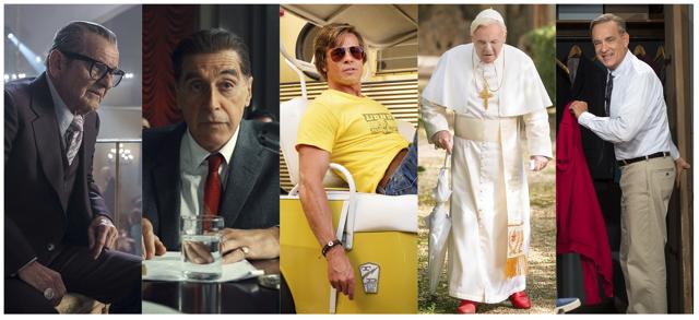 This combination of photos shows best supporting actor Oscar nominees, from left, Joe Pesci in The Irishman, Al Pacino in The Irishman, Brad Pitt in Once Upon a Time...in Hollywood, Anthony Hopkins in The Two Popes, and Tom Hanks in A Beautiful Day in the Neighborhood. (AP) This combination of photos shows best supporting actor Oscar nominees, from left, Joe Pesci in The Irishman, Al Pacino in The Irishman, Brad Pitt in Once Upon a Time...in Hollywood, Anthony Hopkins in The Two Popes, and Tom Hanks in A Beautiful Day in the Neighborhood. (AP)