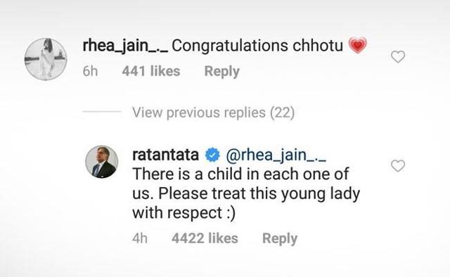 Ratan Tata’s reply on Instagram. (Instagram/@ratantata) Ratan Tata’s reply on Instagram. (Instagram/@ratantata)