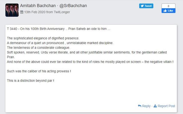 Amitabh Bachchan was effusive in his praise for Pran.