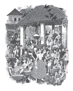 Goan market scene (Poskem: Goans in the Shadows by Wendell Rodricks; Illustrations by Mario Miranda)