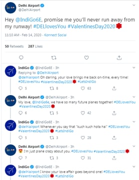 Valentine’s Day 2020 tweet exchange between Delhi Airport and IndiGo.
