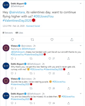 Valentine’s Day 2020 tweet exchange between Delhi Airport and Vistara.