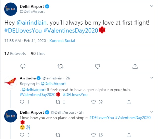 Valentine’s Day 2020 tweet exchange between Delhi Airport and Air India.